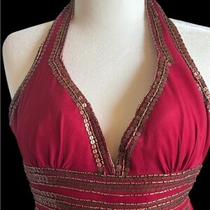 Adrianna Papell Fuchsia Halter Backless Dress with Gold Sequin Trim